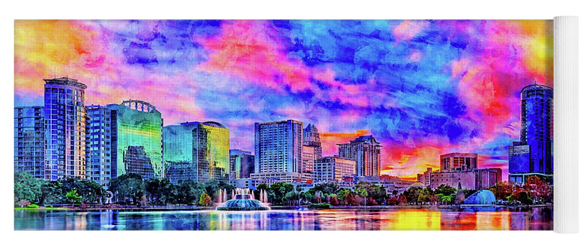 Downtown Orlando Yoga Mat featuring the digital art Skyline of downtown Orlando, Florida, seen at sunset from lake Eola - ink and watercolor by Nicko Prints