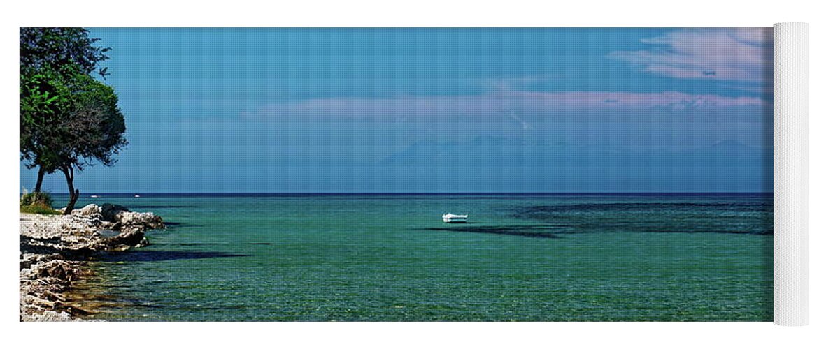 White Boat Yoga Mat featuring the photograph Small White Boat by Jeff Townsend