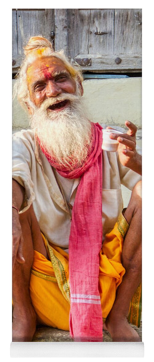 Chai Tea Yoga Mat featuring the photograph Smiling Old Holy Man from India by Stefano Senise