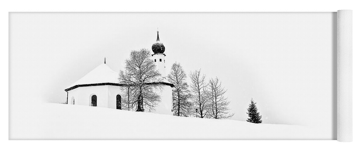 Cozy Snow Winter Austria White Trees Church Stylish Contemporary Conceptual Christmas Atmospheric Peaceful Beautiful Delightful Delicate Gentle Soft Snowdrifts Painterly Graphical Black Mono B&w Minimal Minimalist Minimalism Simplistic Simple Attractive Restful Relaxing Drawing Graphics Covered Xmas Season Greetings Enjoyable Cold Freezing Warm Calm Card Tranquility Relaxation Serene Singular Scenery View Magical Fairy Tale Elements Poetic Artistic Tranquility Snowing Snowfall Spiritual Inspire Yoga Mat featuring the photograph Snow, Cosy Snow, White Christmas by Tatiana Bogracheva