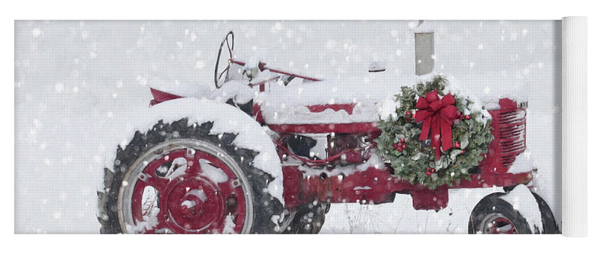 Christmas Yoga Mat featuring the mixed media Snowy Christmas Farm Tractor by Lori Deiter