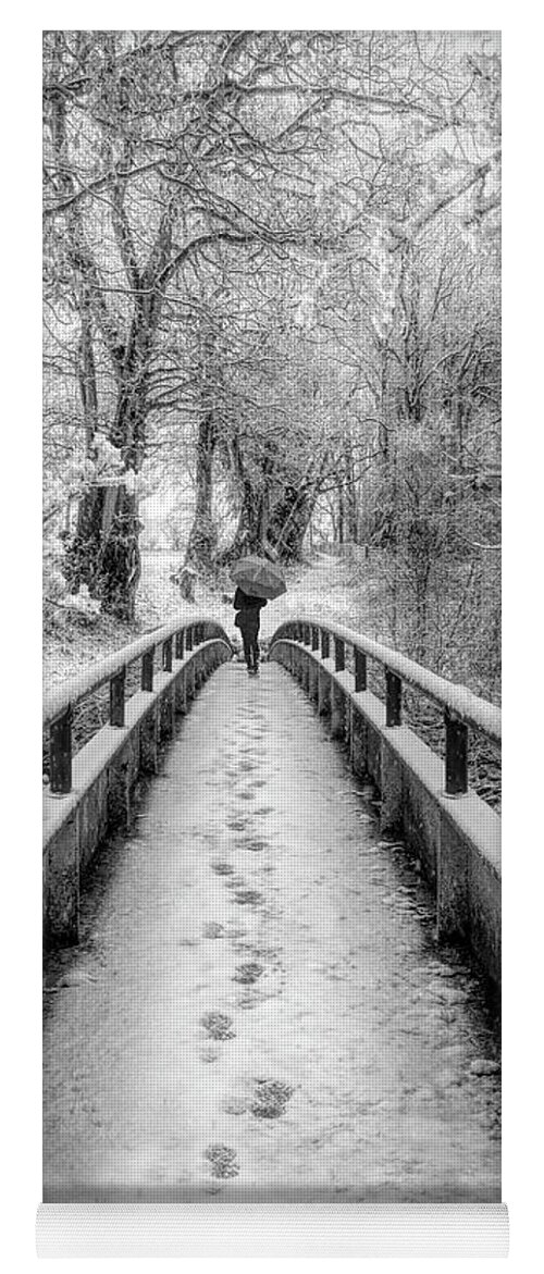 Bridge Yoga Mat featuring the photograph Snowy Walk in Black and White by Debra and Dave Vanderlaan
