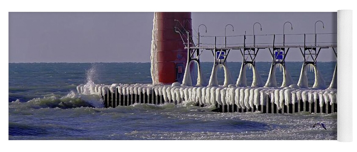 Water Yoga Mat featuring the photograph South Haven Lighthouse in Winter by Randy Pollard