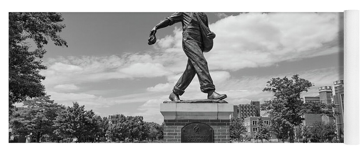 Big 12 Yoga Mat featuring the photograph Sower Statue on the campus of the University of Oklahoma in black and white by Eldon McGraw