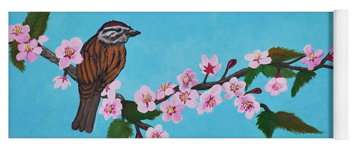 Sparrow Cherry Blossom Zen Zazen Buddhist Gouache Ukiyo-e Flowers Yoga Mat featuring the painting Sparrow and Cherry Blossom by Robert Smith