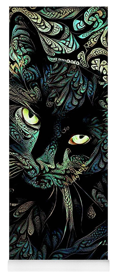 Black Cat Yoga Mat featuring the digital art Speedy the Black Cat - Blue Green by Peggy Collins