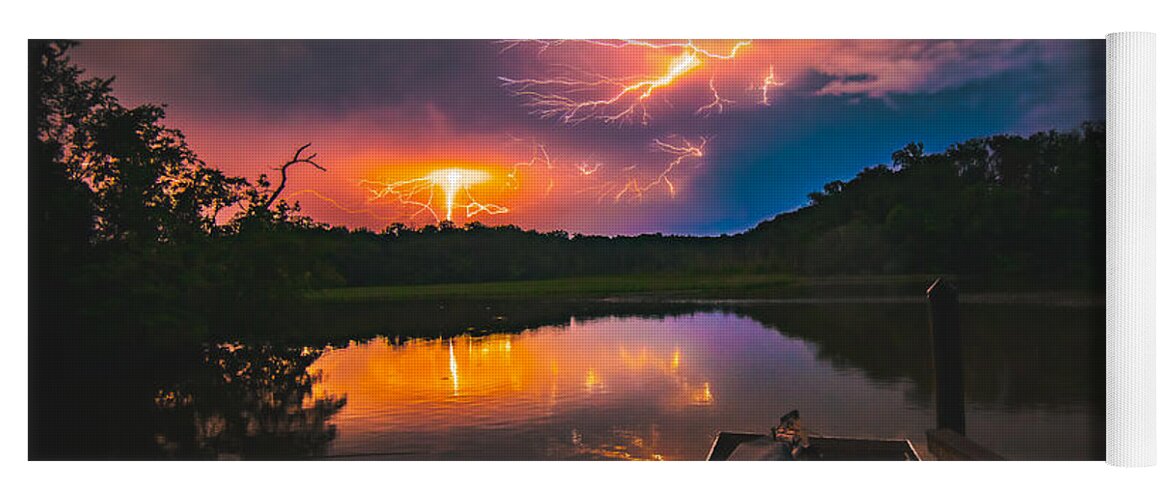 Spider Lightning Yoga Mat featuring the photograph Spider Lightning Reflected on Little Hunting Creek at Night by Jeff at JSJ Photography