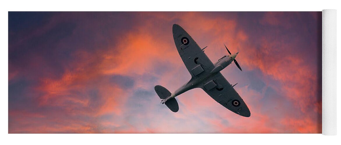 Eastbourne International Airshow Yoga Mat featuring the photograph Spitfire flying at sunset by Andrew Lalchan