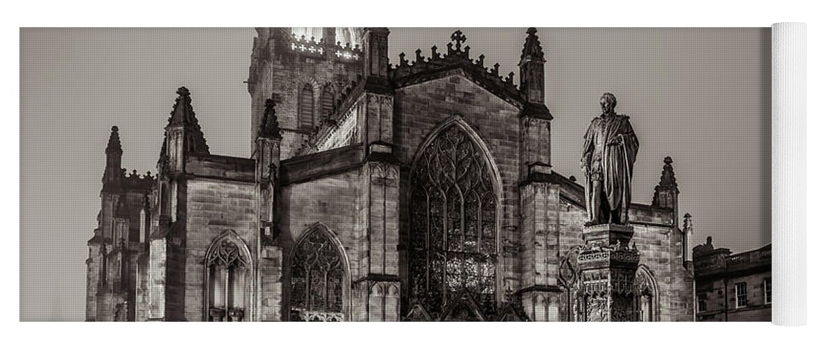 Pentax K-1 Mark Ii Yoga Mat featuring the photograph St Giles Cathedral Edinburgh Fog Monochrome by Scott McGuire