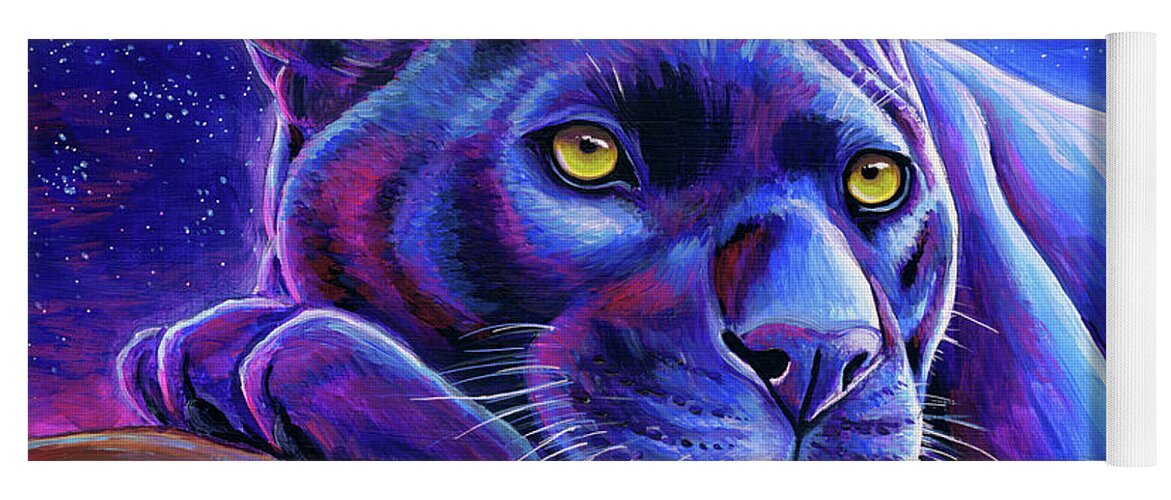 Black Leopard Yoga Mat featuring the painting Stargazing - Colorful Black Leopard by Rebecca Wang