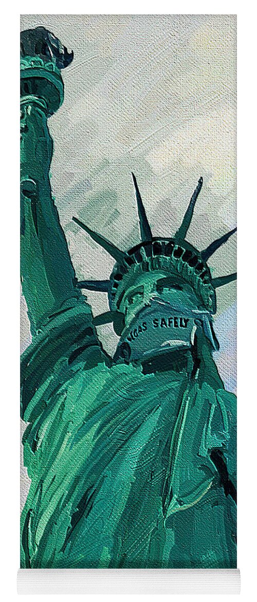 Statue Of Liberty Yoga Mat featuring the mixed media Statue of Liberty with mask Las Vegas by Tatiana Travelways