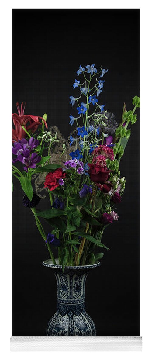 Still Life Yoga Mat featuring the digital art Still life Delft blue flowers in a vase by Marjolein Van Middelkoop