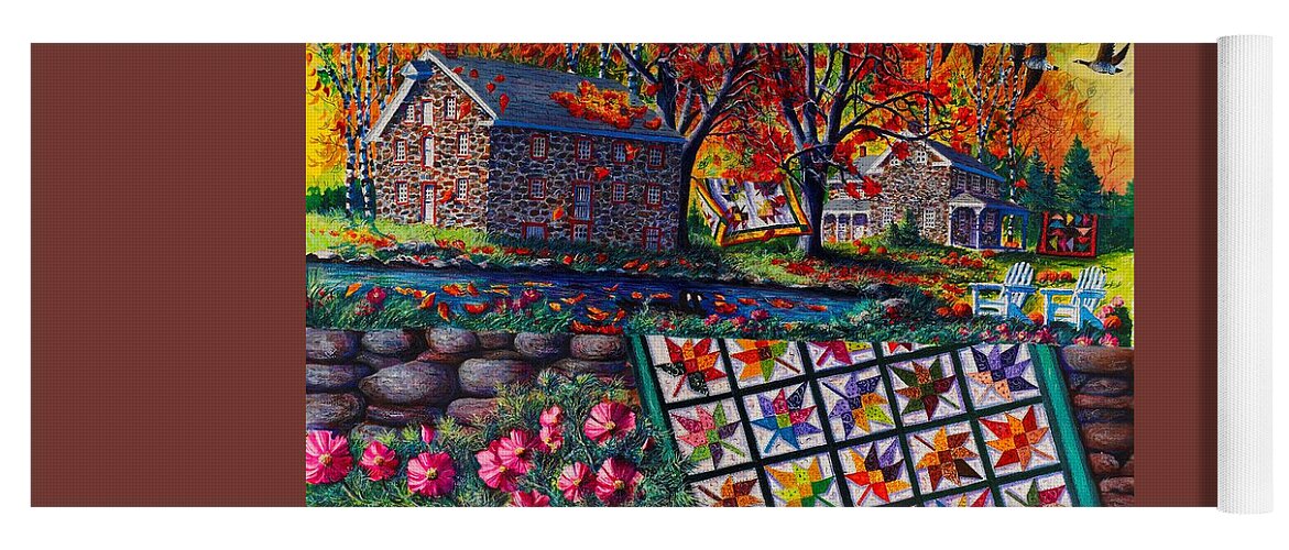 Landscape Of Stone Mill Autumn Crossing Yoga Mat featuring the painting Stone Mill Autumn Crossing by Diane Phalen