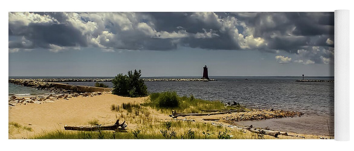 Lake Michigan Yoga Mat featuring the photograph Storm Clouds Over the Manistique Light by Deb Beausoleil