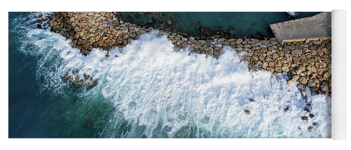 Brakewater Yoga Mat featuring the photograph Stormy windy waves on the shore. Drone photography. by Michalakis Ppalis