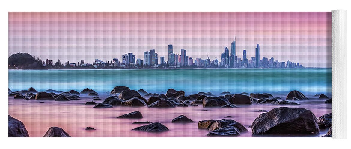 Gold Coast City Skyline Yoga Mat featuring the photograph Strawberry Sunset Panorama by Az Jackson