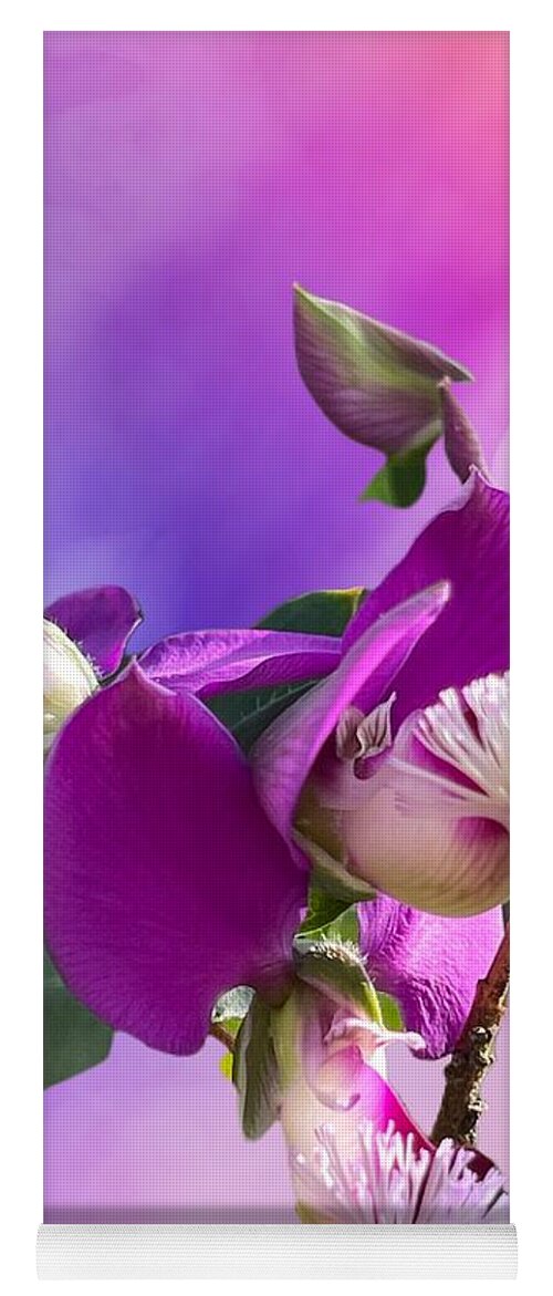 Purple Flowers Pistils White Pink Background Watercolor Green Leaves Macro Yoga Mat featuring the digital art Stunning Blossom by Kathleen Boyles