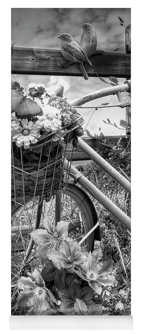 Barns Yoga Mat featuring the photograph Summer Breeze on a Bicycle Black and White by Debra and Dave Vanderlaan