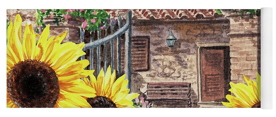 Sunflowers Yoga Mat featuring the painting Sunflowers Of Tuscany Italy Vintage Town House In The Hills Watercolor by Irina Sztukowski