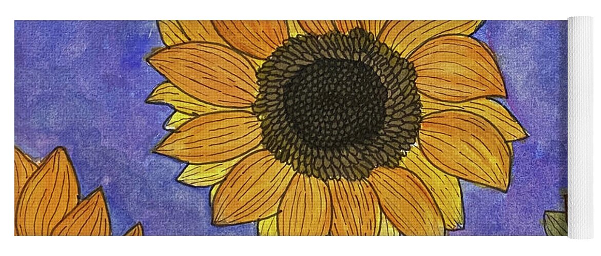 Sunflowers Yoga Mat featuring the mixed media Sunflowers on Blue by Lisa Neuman