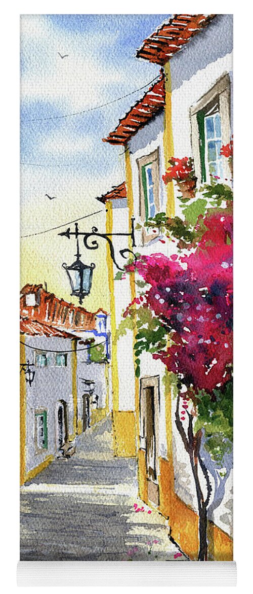 Portugal Yoga Mat featuring the painting Sunny Day In Obidos Portugal Painting by Dora Hathazi Mendes