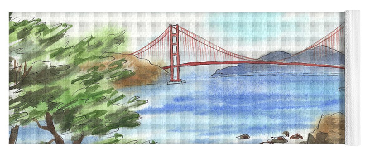 Golden Gate Yoga Mat featuring the painting Sunny Day In San Francisco Bay Golden Gate Bridge Watercolor by Irina Sztukowski