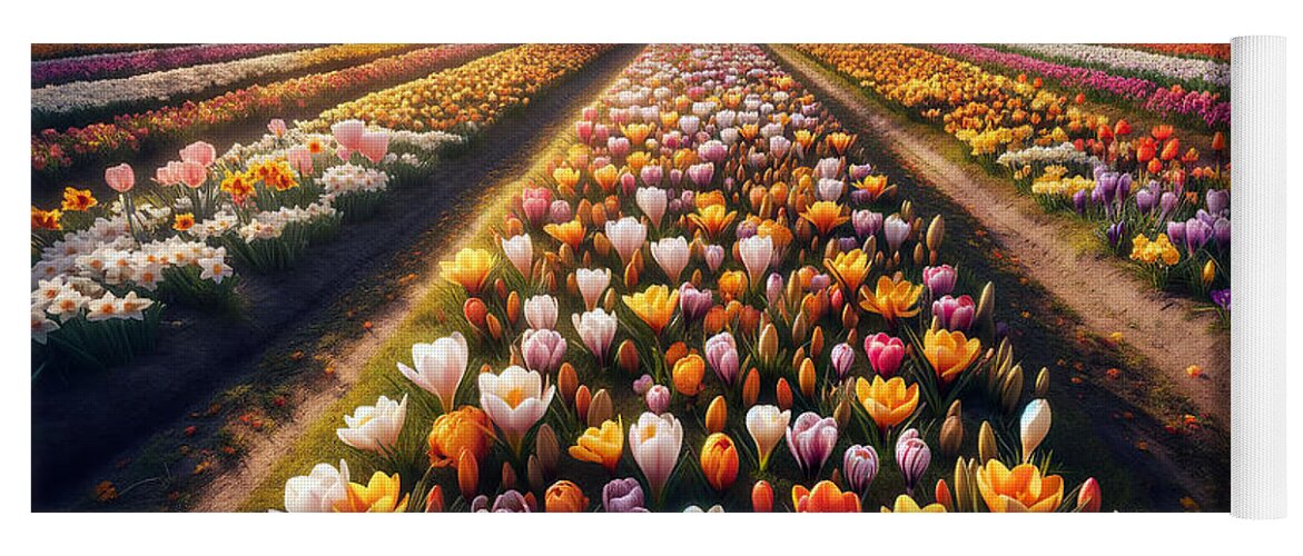 Tulips Yoga Mat featuring the digital art Sunny rows of colorful tulips and crocuses in a blooming field, by Odon Czintos