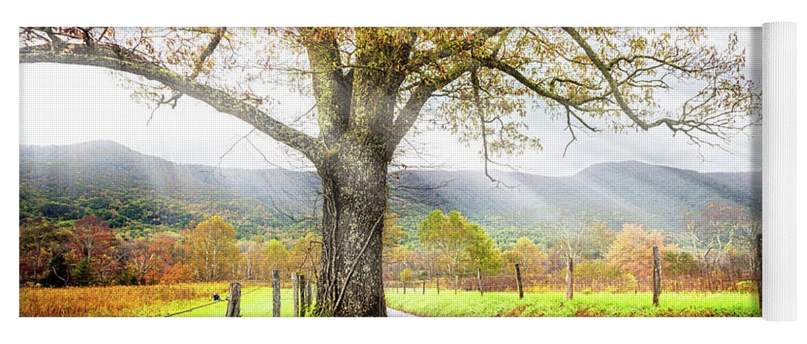 Cades Yoga Mat featuring the photograph Sunrays on Sparks Lane at Cades Cove Townsend Tennessee by Debra and Dave Vanderlaan