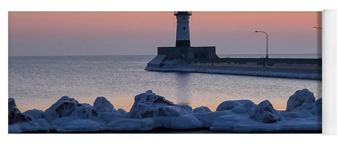  Lake Superior Yoga Mat featuring the photograph Sunrise at North Pier Lighthouse by Susan Rydberg
