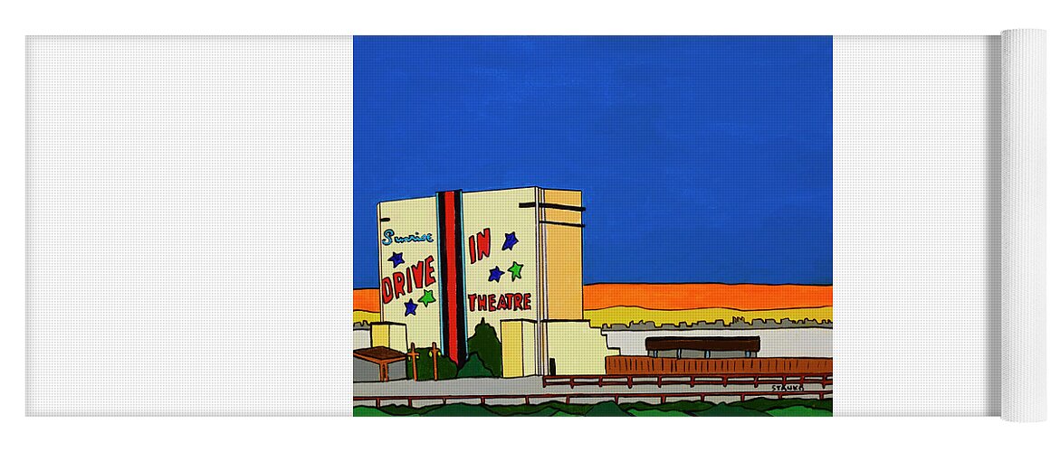 Sunrise Drive-in Valley Stream Movies Yoga Mat featuring the painting Sunrise Drive In by Mike Stanko