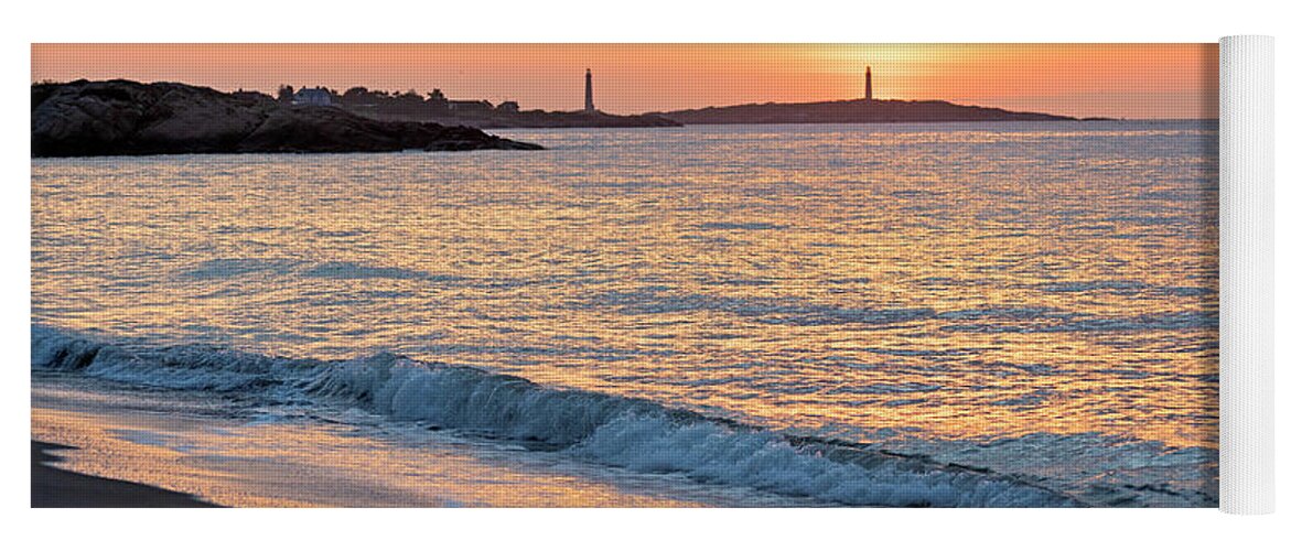 Gloucester Yoga Mat featuring the photograph Sunrise over Thacher Island from Long Beach in Rockport MA Golden Sunrise Wave by Toby McGuire