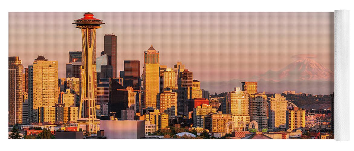 Outdoor; Sunset; Seattle; Downtown; Space Needle; Mt Rainier; Lenticular Cloud; Colors; Summer; Washington Beauty Yoga Mat featuring the digital art Sunrise Seattle From Kerry Park by Michael Lee