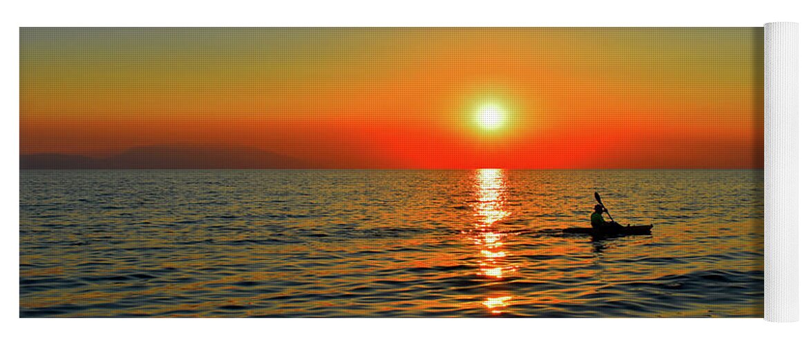 Sunset Yoga Mat featuring the photograph Sunset Above Seascape With Kayaker  by Leonida Arte