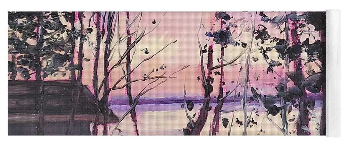 Landscape Yoga Mat featuring the painting Sunset Lakeside by Sheila Romard