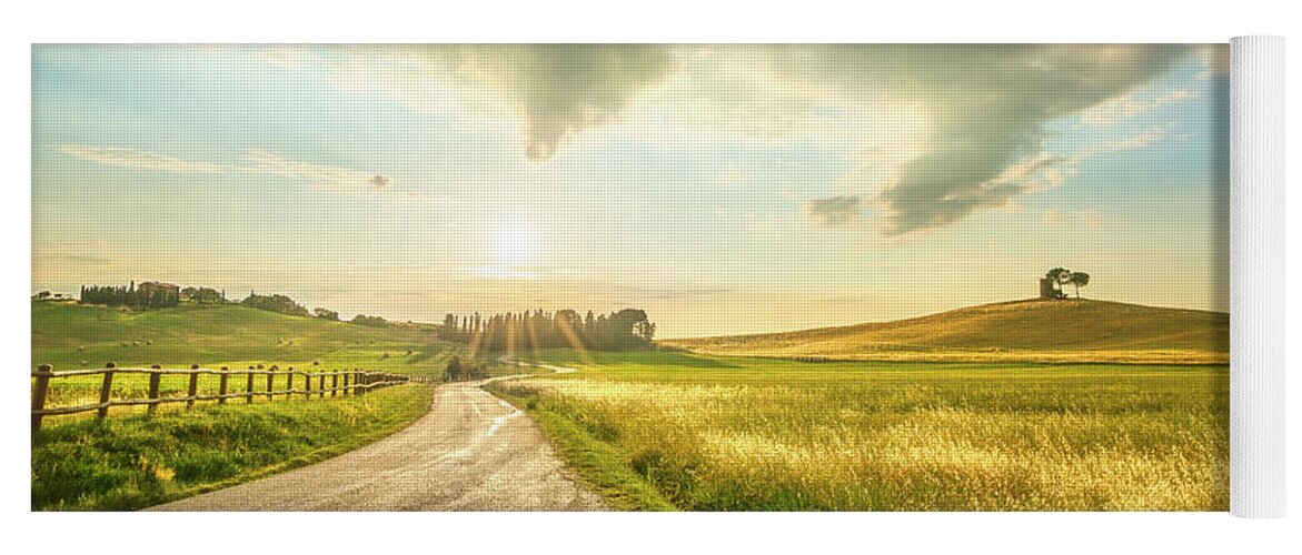 Tuscany Yoga Mat featuring the photograph Sunset landscape in Alta Maremma. by Stefano Orazzini