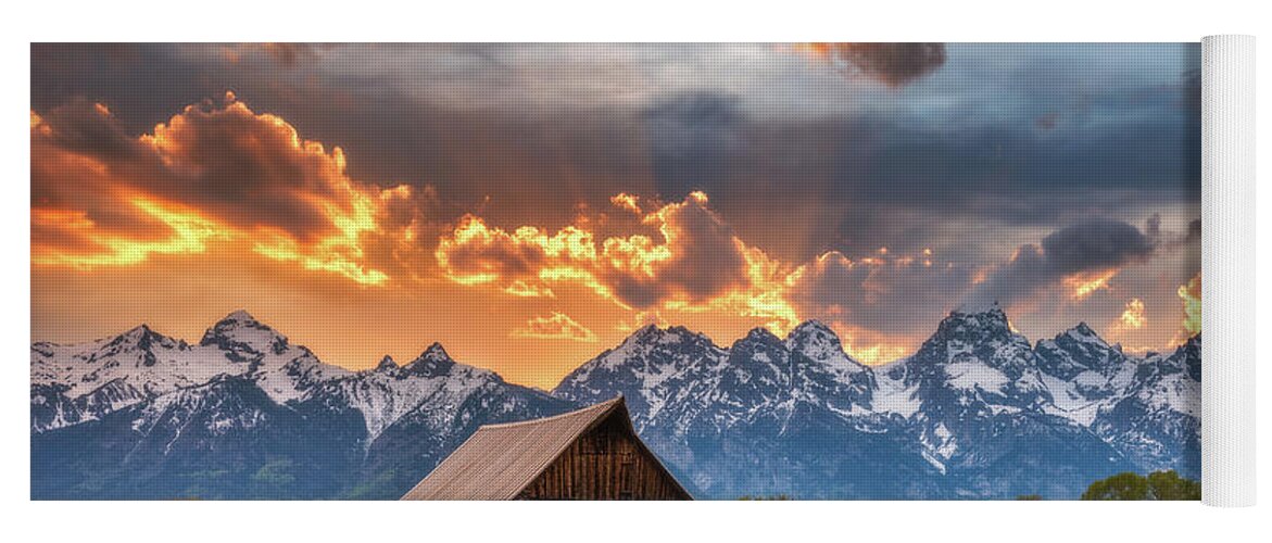 Sunset Yoga Mat featuring the photograph Sunset on Fire - Moulton Barn by Darren White