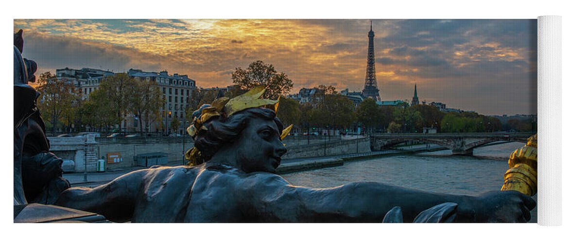 Eiffel Tower From The Alex Bridge Yoga Mat featuring the photograph Sunset on the Seine River by Mike Brown