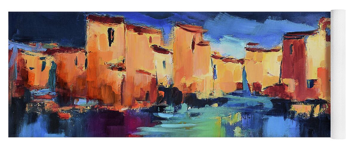 Cinque Terre Yoga Mat featuring the painting Sunset Over the Village by Elise Palmigiani
