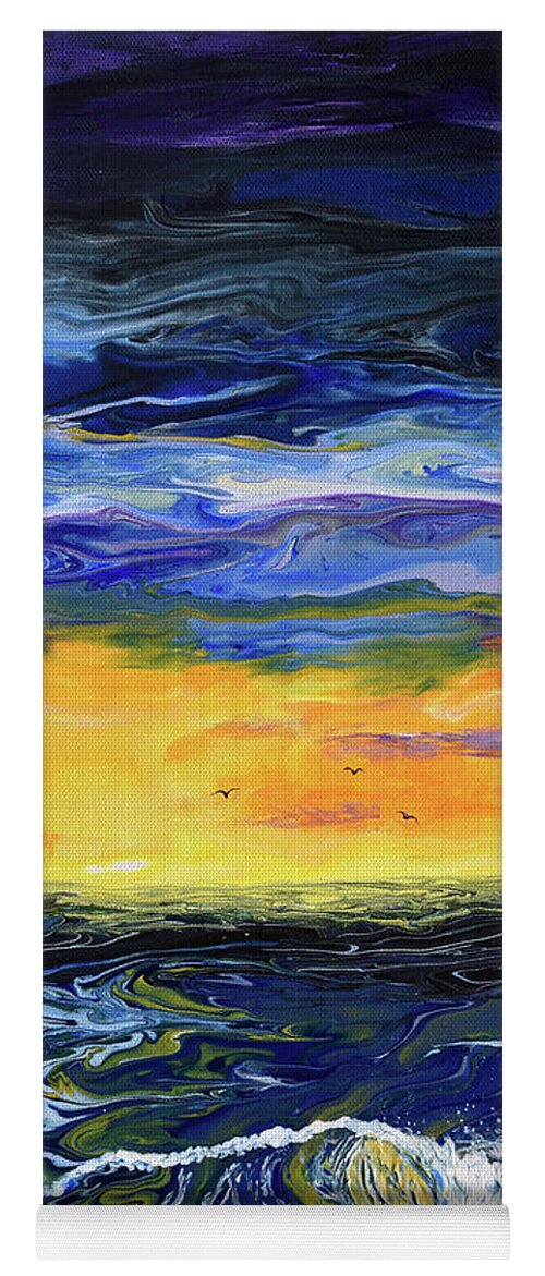 Pour Painting Yoga Mat featuring the painting Sunset Seascape in Blue and Yellow by Laura Iverson