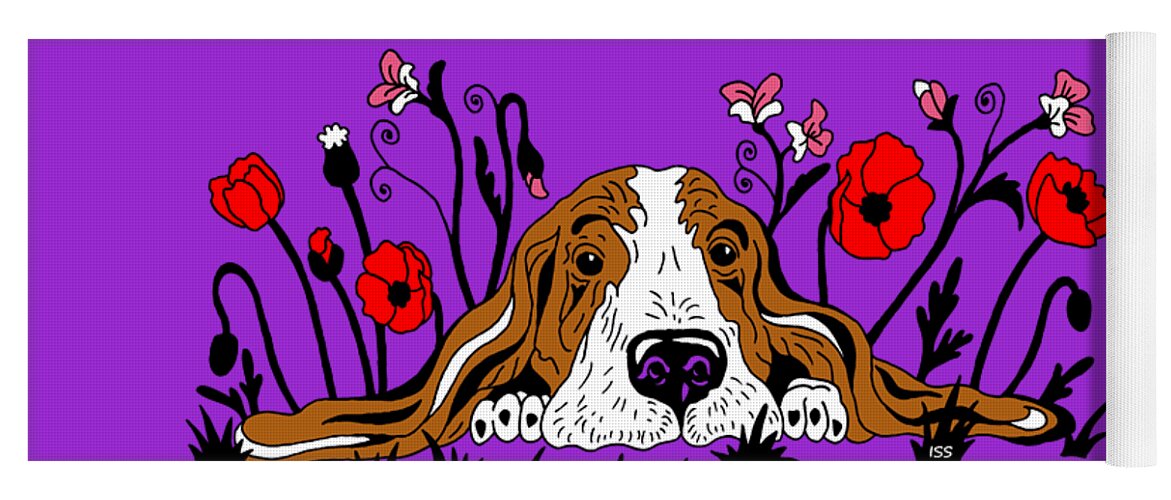 Sweet Yoga Mat featuring the painting Super Adorable Basset Puppy Lying In The Flower Field by Irina Sztukowski