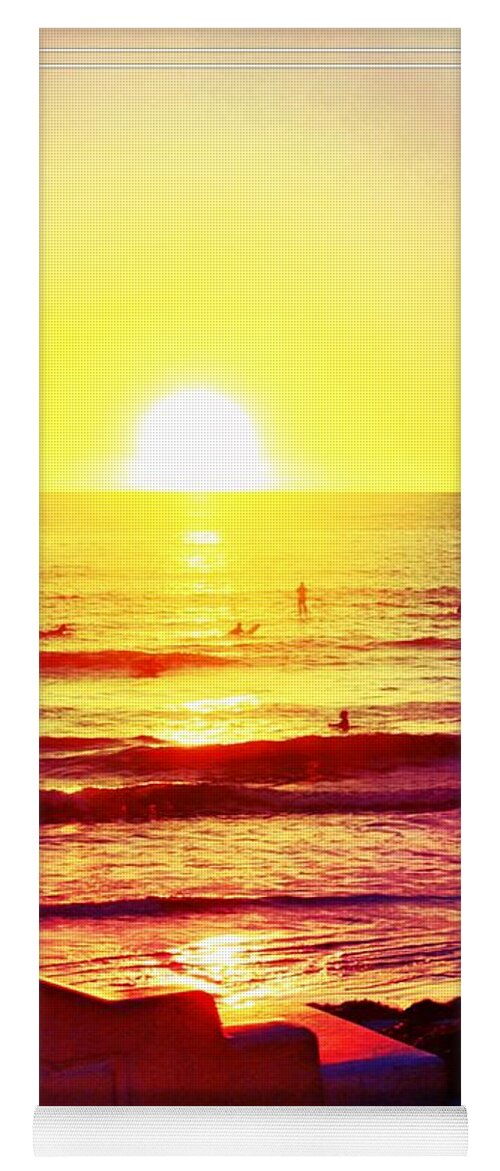Surfers Black Sun Yellow Ocean Orange Black Sky Pink Blue Yoga Mat featuring the digital art Surfers at Sunset by Kathleen Boyles