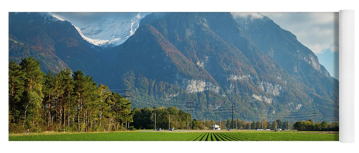 Blue Yoga Mat featuring the photograph Swiss Mountains and Farmland by Rick Deacon