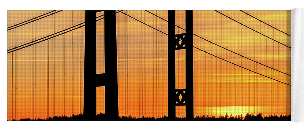 Tacoma Yoga Mat featuring the photograph Tacoma Narrows Bridges Fiery Sunset by Rob Green