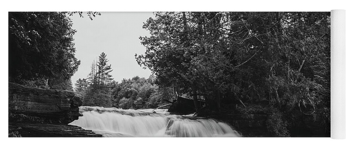 Tahquamenon Falls Black And White Lower Falls Yoga Mat featuring the photograph Tahquamenon Falls Lower Black And White by Dan Sproul