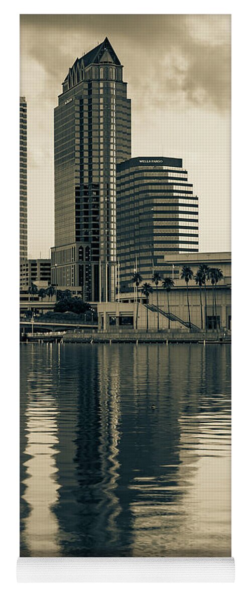 Tampa Bay Skyline Yoga Mat featuring the photograph Tampa Bay Skyline Reflections and Cityscape - Sepia by Gregory Ballos