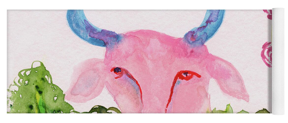 Pink Blue Taurus Bull Yoga Mat featuring the painting Taurus Zodiac Sign Bull Symbol by Anne Nordhaus-Bike