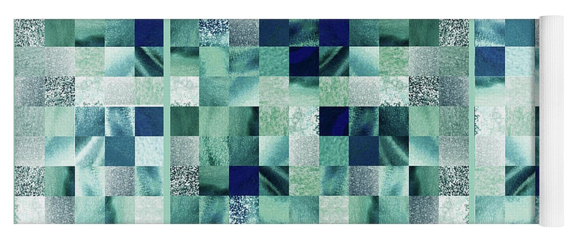 Quilt Yoga Mat featuring the painting Teal Gray Green Gray Watercolor Squares Art Mosaic Quilt by Irina Sztukowski