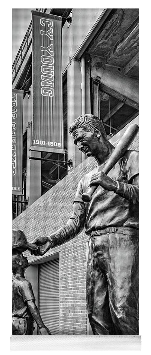 Boston Yoga Mat featuring the photograph Ted Williams Statue At Fenway Stadium - Black and White by Gregory Ballos