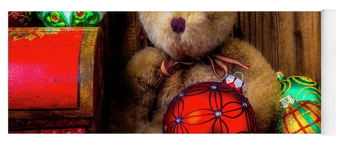 Abundance Red Fancy Yoga Mat featuring the photograph Teddy Bear And Christmas Ornaments by Garry Gay