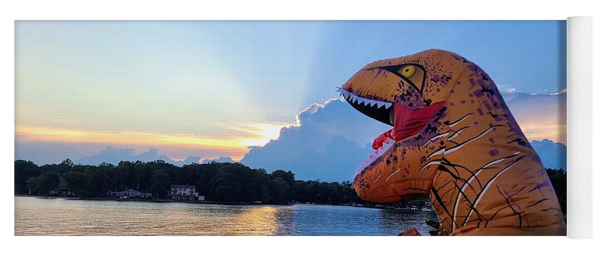 T-rex Yoga Mat featuring the photograph Tedisaurus by the lake at sunset by Elena Pratt